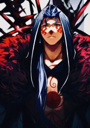 Rule 34 | 1boy, blue hair, cape, closed mouth, cu chulainn (fate), cu chulainn alter (fate), dark blue hair, dark persona, earrings, facepaint, fate/grand order, fate (series), fur-trimmed cape, fur trim, hood, hood up, jewelry, long hair, looking at viewer, male focus, ponytail, red eyes, solo, spiked hair, spikes, topless male, wagaya43
