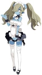 Rule 34 | 1girl, black footwear, black skirt, blue skin, brown hair, colored skin, detached collar, disgaea, full body, hair over one eye, harada takehito, long hair, looking at viewer, maid (disgaea), maid headdress, makai senki disgaea 5, mary janes, official art, pointy ears, shoes, skirt, smile, solo, standing, thighhighs, twintails, white background, white thighhighs, wide-eyed, wrist cuffs, yellow eyes, zombie