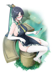 Rule 34 | 1girl, absurdres, bare shoulders, black dress, black hair, breasts, calligraphy brush, china dress, chinese clothes, cloud retainer (genshin impact), colored inner hair, covered navel, dress, elbow gloves, eyeliner, genshin impact, glasses, gloves, green eyes, green hair, hair ornament, hairpin, high ponytail, highres, large breasts, long hair, looking at viewer, makeup, multicolored hair, noir (4chan), paintbrush, parted bangs, pelvic curtain, red-framed eyewear, sitting, solo, thighhighs, two-tone hair, white gloves, white thighhighs, xianyun (genshin impact)