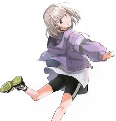 Rule 34 | 1girl, bike shorts, blue eyes, blush, breasts, dot nose, from behind, grey hair, grin, highres, hood, hood down, hoodie, idolmaster, idolmaster shiny colors, long sleeves, looking at viewer, looking back, outstretched arms, purple hoodie, serizawa asahi, shirt, shoe soles, shoes, short hair, simple background, small breasts, smile, sneakers, solo, standing, standing on one leg, white background, white shirt, yoshisawa