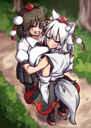 Rule 34 | 2girls, absurdres, animal ears, black hair, black legwear, black neckwear, black skirt, blurry, blurry background, breast press, breasts, camera, closed mouth, detached sleeves, expressionless, forest, grass, grin, hat, highres, holding, holding camera, holding person, huge breasts, inubashiri momiji, looking at viewer, multiple girls, nature, nikuatsu magician shinbo, outdoors, path, pleated skirt, pom pom (clothes), puffy short sleeves, puffy sleeves, red eyes, red footwear, red headwear, road, shameimaru aya, shirt, short hair, short sleeves, skirt, smile, symmetrical docking, tail, taking picture, tokin hat, touhou, tree, white hair, white shirt, wide sleeves, wolf ears, wolf tail