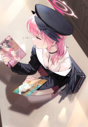 Rule 34 | 1girl, absurdres, bag, beret, black choker, black hat, black shirt, black wings, blue archive, book, breasts, censored, choker, closed mouth, collarbone, halo, hat, head wings, highres, holding, holding book, koharu (blue archive), long hair, long sleeves, manga (object), medium breasts, midfinger, mosaic censoring, pink eyes, pink hair, pink halo, pleated skirt, red skirt, shirt, skirt, solo, squatting, twintails, wings