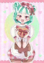 Rule 34 | 1girl, :d, apron, blunt bangs, blush, box, chii (chi pppuri), chimumu, cowboy shot, double bun, gift, green hair, hair bun, hands up, heart, heart-shaped box, highres, holding, holding gift, looking at viewer, multicolored hair, open mouth, outline, pink background, pretty series, puffy short sleeves, puffy sleeves, red shorts, shirt, short hair, short sleeves, shorts, sidelocks, smile, solo, standing, sticker on face, streaked hair, valentine, waccha primagi!, white apron, white hair, white outline, white shirt, wrist cuffs