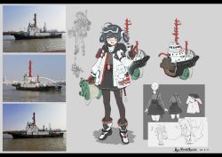Rule 34 | absurdres, anchor, black hair, black pantyhose, black skirt, gloves, goggles, goggles on head, highres, jacket, lifebuoy, mast, miniskirt, north abyssor, open mouth, original, pantyhose, personification, ship, skirt, swim ring, tugboat, two-tone gloves, v, watercraft, white footwear, white jacket, winch, yellow eyes