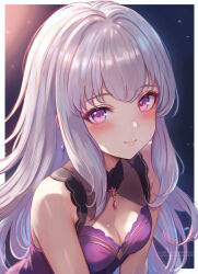 Rule 34 | 1girl, alternate costume, bare shoulders, breasts, cleavage, commentary, dress, english commentary, fire emblem, fire emblem: three houses, grey hair, highres, leonmandala, long hair, looking at viewer, lysithea von ordelia, nintendo, purple dress, purple eyes, sleeveless, sleeveless dress, small breasts, smile, solo, upper body, very long hair