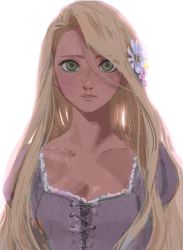 Rule 34 | 1girl, arms at sides, backlighting, blonde hair, breasts, cleavage, collarbone, cross-laced clothes, expressionless, eyes visible through hair, flower, freckles, green eyes, hair flower, hair ornament, highres, lace, lace trim, long hair, looking at viewer, masso, parted lips, pink flower, puffy sleeves, rapunzel (disney), shade, simple background, small breasts, solo, straight hair, swept bangs, tangled, upper body, very long hair, white background, white flower, yellow flower