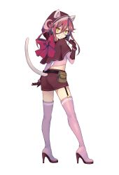 Rule 34 | 1girl, animal ears, boots, bow, cat ears, cat tail, fake animal ears, fujisaki (graphic loops), full body, garter straps, gloves, grin, high heel boots, high heels, highres, hood, kaitou lucky cat, long hair, looking at viewer, official art, pink footwear, pink heels, pink thighhighs, red hair, simple background, skirt, smile, solo, tail, thigh boots, thighhighs, toys drive, white background, yellow eyes