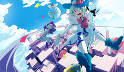Rule 34 | 2girls, absurdres, bell, blue hair, broom, city, cloud, confetti, creature, flying, gloves, green hair, hat, highres, looking at viewer, multicolored hair, multiple girls, peng ja, purple hair, ribbon, sky, windwitch glass bell, windwitch ice bell, windwitch snow bell, witch, witch hat, yu-gi-oh!, yuu-gi-ou, yu-gi-oh! duel monsters