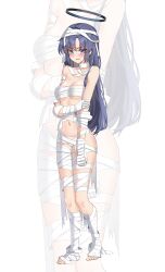 1girl absurdres bandage_on_hair bandaged_arm bandaged_chest bandaged_head bandaged_leg bandaged_neck bandaged_torso bandages black_halo blue_archive commentary full_body halloween halloween_costume halo highres long_hair mechanical_halo mummy_costume naked_bandage navel purple_eyes purple_hair solo theory_(oortcloud1111) yuuka_(blue_archive) zoom_layer