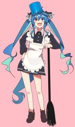 Rule 34 | 1girl, alternate costume, apron, ashinowoto, black dress, blue eyes, blue hair, blush, bow, broom, brown footwear, bucket, bucket on head, collared dress, crossed bangs, dress, full body, hair between eyes, hair bow, hand on own hip, heterochromia, highres, long hair, long sleeves, looking at viewer, maid apron, object on head, pink background, red eyes, shoes, short dress, simple background, solo, standing, teeth, twin turbo (umamusume), twintails, umamusume, upper teeth only, v-shaped eyebrows