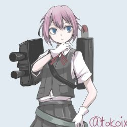 Rule 34 | 10s, 1girl, bad id, bad pixiv id, blouse, blue background, blue eyes, bow, gloves, hand on own hip, kantai collection, machinery, neck ribbon, pink hair, pleated skirt, red ribbon, ribbon, school uniform, shiranui (kancolle), shirt, short sleeves, simple background, skirt, solo, thinking, tokoi, turret, twitter username, vest, white gloves, white shirt