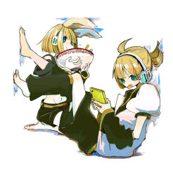 Rule 34 | 1boy, 1girl, :p, barefoot, bow, brother and sister, couple, feet, food, headphones, hetero, kagamine len, kagamine rin, short hair, shorts, siblings, tongue, tongue out, twins, una (mazinger), vocaloid