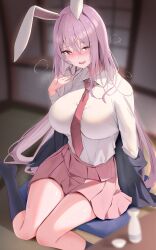 Rule 34 | 1girl, 258n, absurdres, animal ears, blush, breasts, collared shirt, cushion, hair between eyes, highres, indoors, large breasts, long hair, long sleeves, looking at viewer, open mouth, pink skirt, pleated skirt, purple hair, rabbit ears, red eyes, reisen udongein inaba, shirt, skirt, solo, tatami, touhou, white shirt, zabuton