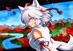 Rule 34 | 1girl, animal ear fluff, animal ears, blue sky, blush, breasts, commentary request, cropped torso, detached sleeves, fang, from behind, hair between eyes, hat, inubashiri momiji, large breasts, looking at viewer, looking back, mountainous horizon, open mouth, pom pom (clothes), qqqrinkappp, river, shirt, short hair, skin fang, sky, sleeveless, sleeveless shirt, solo, tail, tokin hat, touhou, traditional media, white shirt, wolf ears, wolf tail, yellow eyes