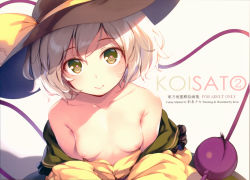 Rule 34 | 1girl, :&gt;, absurdres, artist name, bare shoulders, bow, breasts, green eyes, green hair, hat, hat bow, hat ribbon, heart, heart-shaped pupils, highres, incredibly absurdres, ke-ta, komeiji koishi, looking at viewer, nipples, open clothes, open shirt, ribbon, shirt, small breasts, solo, symbol-shaped pupils, third eye, title, touhou, white background