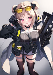 Rule 34 | 1girl, absurdres, ammunition pouch, black coat, black gloves, blush, breasts, bullpup, choker, coat, commentary, commission, double bun, eyewear on head, feet out of frame, gas mask, girls&#039; frontline, gloves, gun, hair bun, hand up, happy, highres, hood, hood down, hooded coat, ichi-jirushi, light brown hair, long sleeves, looking at viewer, mask, medium breasts, open mouth, p90, p90 (girls&#039; frontline), personal defense weapon, pouch, red eyes, shirt, short hair, skeb commission, smile, solo, submachine gun, sunglasses, suppressor, thigh strap, thighhighs, trigger discipline, weapon