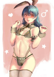 Rule 34 | 1boy, absurdres, animal ears, arm garter, blue hair, blush, bra, braid, bulge, changecolor, crossdressing, fake animal ears, french braid, highres, long hair, looking at viewer, male focus, mars symbol, nail polish, navel, original, panties, parted lips, rabbit ears, red eyes, solo, standing, striped bra, striped clothes, striped panties, thighhighs, trap, underwear, white thighhighs, wrist cuffs