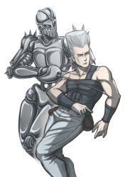 Rule 34 | 1boy, abs, blue eyes, dated, earrings, emeraudolupus, highres, jean pierre polnareff, jewelry, jojo no kimyou na bouken, male focus, muscular, pointing, pouch, rapier, signature, silver chariot, silver hair, stand (jojo), sword, weapon, wristband