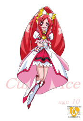 Rule 34 | 1girl, :d, anniversary, arudebido, boots, bow, brooch, character name, choker, coat, copyright name, crossed arms, cure ace, dokidoki! precure, frills, full body, hair bow, heart, heart brooch, knee boots, long hair, madoka aguri, magical girl, open mouth, precure, puffy sleeves, red eyes, red hair, red skirt, sidelocks, skirt, smile, solo, white background, wrist cuffs
