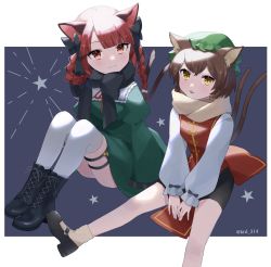Rule 34 | 2girls, :3, animal ear fluff, animal ears, boots, bow, braid, brown eyes, brown hair, cat ears, cat tail, chen, chinese clothes, dress, friends, green dress, green headwear, highres, kaenbyou rin, kuroda (chokobo 314), legs, long sleeves, looking at another, mary janes, multiple girls, multiple tails, nekomata, puffy sleeves, red eyes, red hair, scarf, shoes, simple background, sitting, slit pupils, star (symbol), starry background, tabard, tail, thighhighs, tongue, tongue out, touhou, twin braids, two tails, yellow eyes