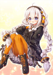 Rule 34 | 1girl, :d, absurdres, ahoge, bad id, bad pixiv id, black dress, black footwear, black jacket, blush, boots, braid, breasts, cross-laced footwear, dress, hair between eyes, hair ornament, headphones, highres, jacket, kizuna akari, lace-up boots, long hair, long sleeves, looking at viewer, low twintails, open mouth, orange pantyhose, pantyhose, puffy long sleeves, puffy sleeves, purple eyes, silver hair, sleeves past wrists, small breasts, smile, solo, star (symbol), striped clothes, striped pantyhose, teeth, twin braids, twintails, upper teeth only, vertical-striped clothes, vertical-striped pantyhose, very long hair, vocaloid, voiceroid, waste (arkaura)