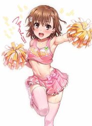 Rule 34 | 1girl, brown eyes, brown hair, cheering, cheerleader, clothes writing, commentary, cowboy shot, crop top, crop top overhang, gekota, hair ornament, hairclip, holding, holding pom poms, isshi pyuma, looking at viewer, midriff, miniskirt, misaka mikoto, pink skirt, pink thighhighs, pleated skirt, pom pom (cheerleading), pom poms, short hair, simple background, skirt, solo, thighhighs, toaru kagaku no railgun, toaru majutsu no index, translated, white background