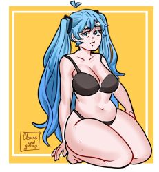 Rule 34 | 1girl, alternate body size, aqua eyes, aqua hair, artist name, black bra, black panties, bra, breasts, clownsnguns, full body, hatsune miku, highres, large breasts, long hair, looking at viewer, navel, outside border, panties, plump, simple background, sitting, solo, thighs, twintails, underwear, underwear only, very long hair, vocaloid, wide hips, yellow background