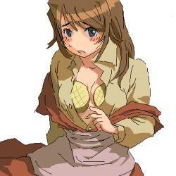 Rule 34 | 1girl, aliasing, apron, blush, brave fencer musashiden, bread, breast padding, brown hair, collared shirt, cowboy shot, embarrassed, facing viewer, female focus, food, jaggy lines, jam (musashiden), long hair, looking at viewer, lowres, nanasyu, no bra, oekaki, off shoulder, open clothes, open shirt, padding, shirt, simple background, solo, sweatdrop, unbuttoned, white background