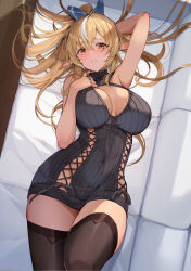 Rule 34 | 1girl, absurdres, arm behind head, black sweater, black thighhighs, blonde hair, blush, breasts, closed mouth, couch, covered navel, dark-skinned female, dark skin, dress, elf, from above, hair between eyes, hair spread out, highres, hololive, large breasts, long hair, looking at viewer, lying, multicolored hair, on back, on couch, pi tayuko, pointy ears, ponytail, red eyes, shiranui flare, streaked hair, sweater, sweater dress, thighhighs, turtleneck, virtual youtuber, white hair