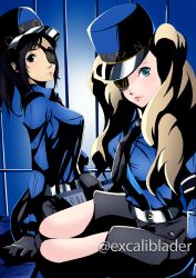 Rule 34 | 2girls, atlus, caroline (persona 5), caroline (persona 5) (cosplay), clipboard, cosplay, excaliblader, eyepatch, gloves, hat, highres, justine (persona 5), justine (persona 5) (cosplay), looking at viewer, megami tensei, multiple girls, necktie, persona, persona 5, prison bars, suzui shiho, takamaki anne