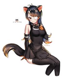 Rule 34 | 10s, 1girl, :/, absurdres, apron, artist name, australian devil (kemono friends), bad id, bad pixiv id, black bow, black bowtie, black hair, black skirt, black thighhighs, bow, bowtie, breast suppress, breasts, brown eyes, brown gloves, brown hair, character name, closed mouth, commentary request, cropped legs, dated, detached sleeves, eyepatch, fang, fang out, frilled apron, frills, gloves, highres, japari symbol, kemono friends, medical eyepatch, medium breasts, multicolored hair, natsuojisan, pleated skirt, shirt, sitting, skirt, sleeveless, sleeveless shirt, solo, tail, tasmanian devil ears, tasmanian devil tail, thighhighs, timestamp, waist apron