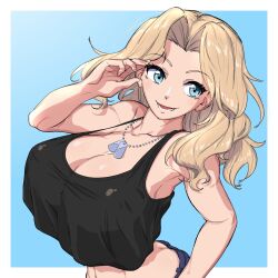 1girl black_tank_top blonde_hair blue_background border breasts commentary crop_top dog_tags girls_und_panzer highres huaronanago kay_(girls_und_panzer) large_breasts medium_hair parted_bangs simple_background solo symbol-only_commentary tank_top white_border