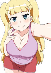Rule 34 | 10s, 1girl, akiba&#039;s trip, akiba&#039;s trip the animation, arisa ahokainen, blonde hair, blue eyes, breasts, cleavage, large breasts, long hair, looking at viewer, no bra, shorts, simple background, smile, solo, tank top, uniform, v, white background