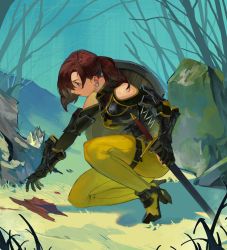 Rule 34 | 1girl, absurdres, armor, bare shoulders, black armor, blood, blood trail, branch, brown hair, clothing cutout, controlline3, earrings, female knight, gauntlets, grass, grey eyes, high heels, highres, holding, holding sheath, holding sword, holding weapon, jewelry, knight, long hair, on one knee, original, outdoors, parted lips, ponytail, rock, scabbard, sheath, sheathed, shield, shoulder cutout, single earring, solo, sword, torn, tree, vambraces, weapon