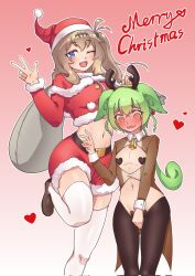 1boy 1girl antlers bell belt black_belt black_pasties black_scrunchie black_thighhighs blue_eyes blue_nails blush breasts brown_hair buttons cape covering_crotch covering_privates fake_antlers fang full-face_blush fur_trim green_hair hair_between_eyes hair_ornament hat heart heart_pasties highres holding holding_sack horns kasukabe_tsumugi long_hair long_sleeves meme_attire merry_christmas mole nail_polish navel neck_bell one_eye_closed one_side_up pasties reindeer_antlers reverse_bunnysuit reverse_outfit sack santa_costume santa_hat scrunchie shriohalfarm sidelocks simple_background smile thighhighs v voiceroid voicevox white_thighhighs yellow_eyes zettai_ryouiki zundamon