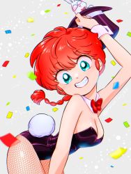 Rule 34 | 1girl, black leotard, bow, braid, braided ponytail, breasts, detached collar, grey background, hat, highres, leotard, playboy bunny, punch121ykk, rabbit, rabbit tail, ranma-chan, ranma 1/2, red bow, red hair, smile, tail, teeth, top hat