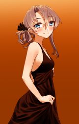 Rule 34 | 10s, 1girl, alternate costume, asymmetrical hair, bare arms, bare shoulders, black dress, blew andwhite, blue eyes, blush, breasts, brown background, dress, eyebrows, flipped hair, from side, gradient background, hair between eyes, hair ornament, highres, kantai collection, long hair, looking at viewer, looking to the side, nowaki (kancolle), sideboob, silver hair, simple background, sleeveless, sleeveless dress, smile, solo, swept bangs