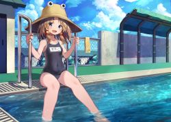 Rule 34 | 1girl, black one-piece swimsuit, blonde hair, blue sky, chain-link fence, cloud, commentary request, competition school swimsuit, covered navel, day, fence, flat chest, full body, grey eyes, hat, highres, looking at viewer, mamemochi, medium hair, moriya suwako, name tag, one-piece swimsuit, outdoors, pool, pool ladder, poolside, school swimsuit, short hair, sitting, sky, soaking feet, solo, swimsuit, touhou, wall, water