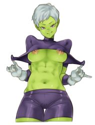 Rule 34 | 1girl, breasts, cheelai, closed mouth, colored skin, dragon ball, dragon ball super, dragon ball super broly, flashing, gloves, green skin, highres, large breasts, looking at viewer, midriff, navel, nipples, no bra, pink eyes, short hair, short sleeves, shorts, simple background, smile, smug, solo, splayter, thigh gap, white background, white gloves, white hair