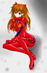 Rule 34 | 1girl, absurdres, artist request, ass, blue eyes, bodysuit, breasts, brown hair, expressionless, full body, highres, interface headset, long hair, looking at viewer, medium breasts, neon genesis evangelion, pilot suit, plugsuit, red bodysuit, shiny clothes, simple background, sitting, smile, solo, souryuu asuka langley, twintails, very long hair