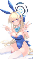 Rule 34 | 1girl, animal ears, blonde hair, blue archive, blue bow, blue bowtie, blue eyes, blue leotard, bow, bowtie, breasts, detached collar, double v, fake animal ears, halo, highres, leotard, long hair, medium breasts, official alternate costume, rabbit ears, rtomch, simple background, solo, thighhighs, toki (blue archive), toki (bunny) (blue archive), v, white background, white thighhighs