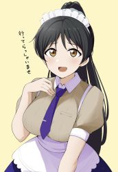 Rule 34 | 1girl, alternate costume, apron, barkhorn0331, black hair, blue necktie, blush, breasts, brown shirt, collared shirt, hand on own chest, hazuki ren, high ponytail, highres, impossible clothes, impossible shirt, large breasts, looking at viewer, love live!, love live! superstar!!, maid headdress, necktie, shirt, simple background, skirt, solo, tie clip, waist apron, waitress, white apron, yellow background, yellow eyes