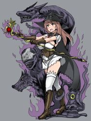 Rule 34 | 1girl, boots, breasts, brown hair, cape, gloves, hat, long hair, magic, monster, skirt, staff, thighhighs, usagi1942, witch, witch hat