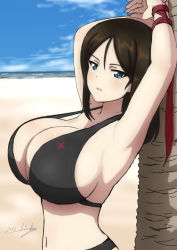 Rule 34 | 1girl, armpits, arms up, beach, bikini, black bikini, black hair, blue eyes, blush, breasts, bukkuri, cleavage, dated, girls und panzer, halterneck, huge breasts, looking at viewer, navel, nonna (girls und panzer), ocean, open mouth, outdoors, smile, solo, swept bangs, swimsuit, upper body