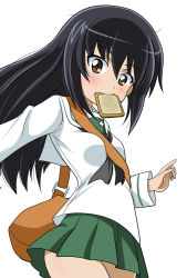 Rule 34 | 1girl, bag, black hair, black neckerchief, blouse, bread slice, brown eyes, carrying, commentary request, cowboy shot, food, food in mouth, girls und panzer, green skirt, highres, light blush, long hair, long sleeves, looking at viewer, messy hair, miniskirt, mouth hold, neckerchief, no hairband, ooarai school uniform, pleated skirt, reizei mako, sailor collar, satchel, school uniform, serafuku, shirt, simple background, skirt, solo, standing, toast, toast in mouth, wakku kan, white background, white sailor collar, white shirt
