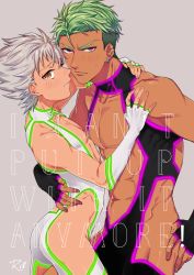 Rule 34 | 2boys, abs, ansr kp, ass, blush, bodysuit, brown eyes, cover, earrings, green hair, jewelry, king of prism, king of prism by prettyrhythm, looking at viewer, male focus, multiple boys, muscular, nishina kazuki, pectorals, pretty rhythm, pretty series, purple eyes, revealing clothes, silver hair, size difference, stud earrings, tan, text focus, yamato alexander, yaoi