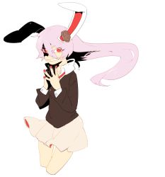 Rule 34 | 1girl, animal ears, blazer, rabbit ears, collared shirt, cowboy shot, fingers together, grin, hair over one eye, highres, long hair, looking at viewer, namataro, necktie, pink hair, red eyes, reisen udongein inaba, shade, shirt, sketch, skirt, smile, solo, steepled fingers, touhou, white background