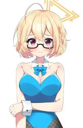 Rule 34 | alternate costume, blonde hair, blue archive, blush, breasts, closed mouth, collarbone, commentary request, glasses, hair between eyes, halo, highres, kotori (blue archive), leotard, medium breasts, murase48, pantyhose, playboy bunny, short hair, simple background, white background
