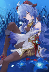 Rule 34 | 1girl, absurdres, ahoge, ankle ribbon, bare shoulders, bell, black gloves, blue flower, blue hair, bodystocking, breasts, brown legwear, closed mouth, commentary request, covered erect nipples, detached sleeves, flower, flower knot, ganyu (genshin impact), genshin impact, gloves, glowing flower, grass, highres, horns, kaminarichyan, knee up, leg ribbon, long hair, long sleeves, looking at viewer, medium breasts, night, on grass, on ground, outdoors, purple eyes, red ribbon, ribbon, sidelocks, sitting, smile, solo, sparkle, tassel, very long hair
