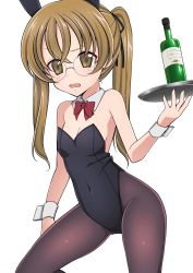 Rule 34 | 10s, 1girl, animal ears, black leotard, black ribbon, bottle, bow, bowtie, breasts, brown eyes, brown hair, commentary, covered navel, cowboy shot, detached collar, fake animal ears, frown, girls und panzer, glasses, hair ribbon, highleg, highleg leotard, highres, holding, holding tray, leotard, long hair, looking at viewer, oono aya, open mouth, pantyhose, playboy bunny, rabbit ears, ribbon, round eyewear, ruruepa, simple background, small breasts, solo, standing, strapless, strapless leotard, thighs, tray, twintails, wavy mouth, white background, wine bottle, wrist cuffs